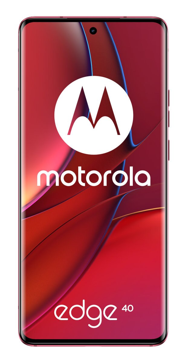 Czerwony smartfon z białym logo.