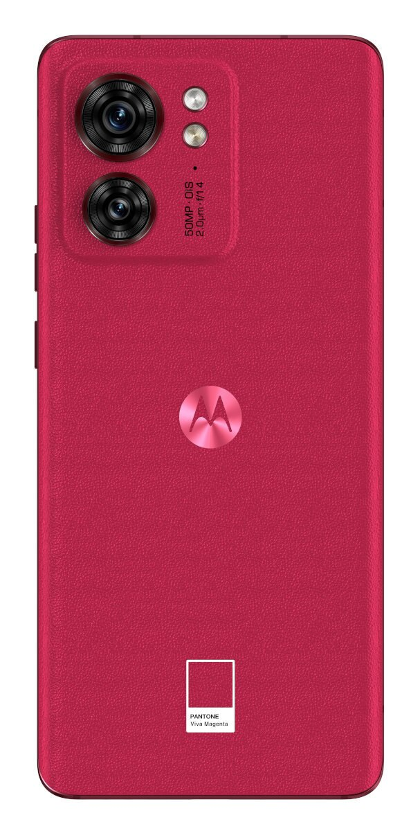 Widok z tyłu różowego smartfona z podwójnym aparatem i logo Motorola.