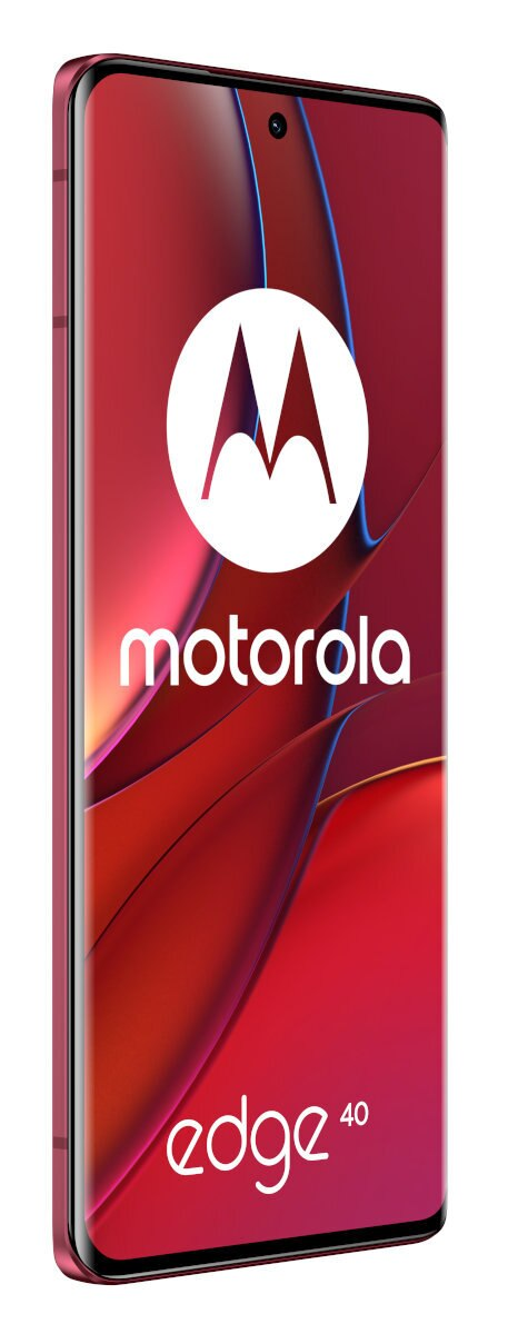 Czerwony i różowy telefon Motorola, białe logo, edge 40 z boku.