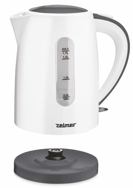 Biały czajnik elektryczny z szarą podstawą. Ma wskaźnik poziomu wody i uchwyt.