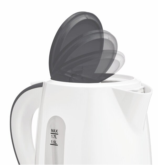 Biały czajnik elektryczny z ciemnoszarą pokrywą w akcji, pokazujący poziom wody.