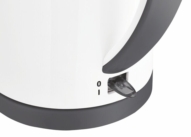 Biały czajnik elektryczny z szarym uchwytem i włącznikiem.