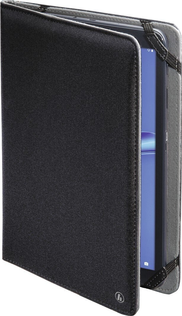 Czarny futerał na tablet otwarty z tabletem w środku. Etui ma teksturowaną okładkę.