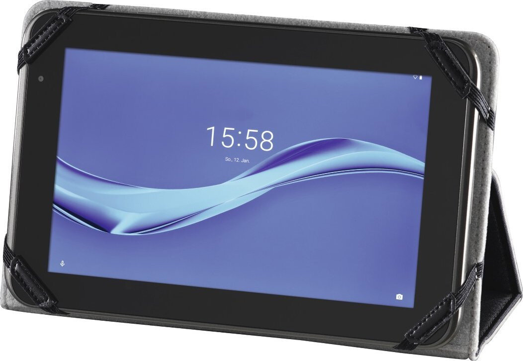 Tablet w ciemnoszarej obudowie, wyświetlający godzinę 15:58, z czarnymi paskami i niebieskim ekranem.