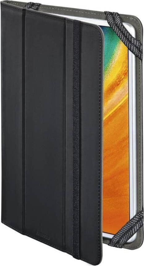 Czarny futerał na tablet. Tablet jest trzymany na miejscu za pomocą elastycznych pasków.