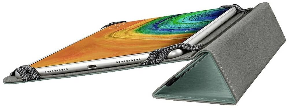 Tablet w szarej obudowie, trzymany przez elastyczne paski. Obudowa złożona, służy jako stojak.