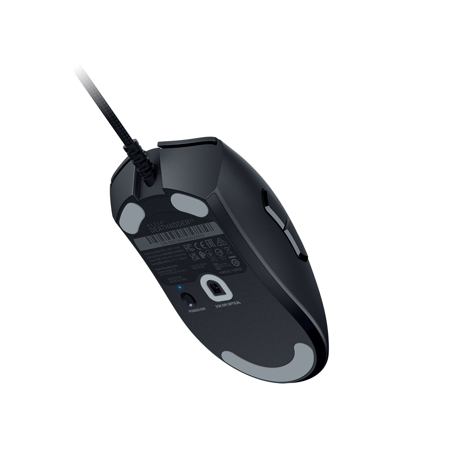 Siyah Razer DeathAdder fare alt görünümü, gri vurgular ve kablo.