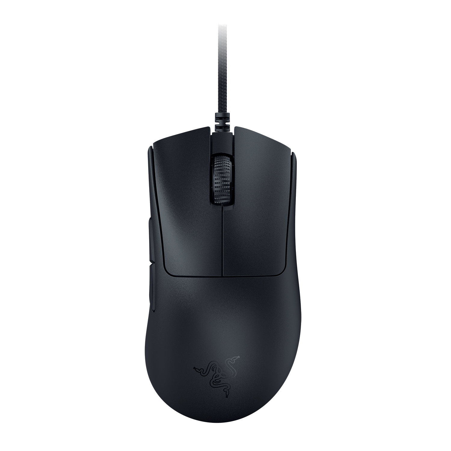 Siyah bir Razer fare, kaydırma tekerleği ve Razer logosu ile, siyah bir arka plan üzerinde.