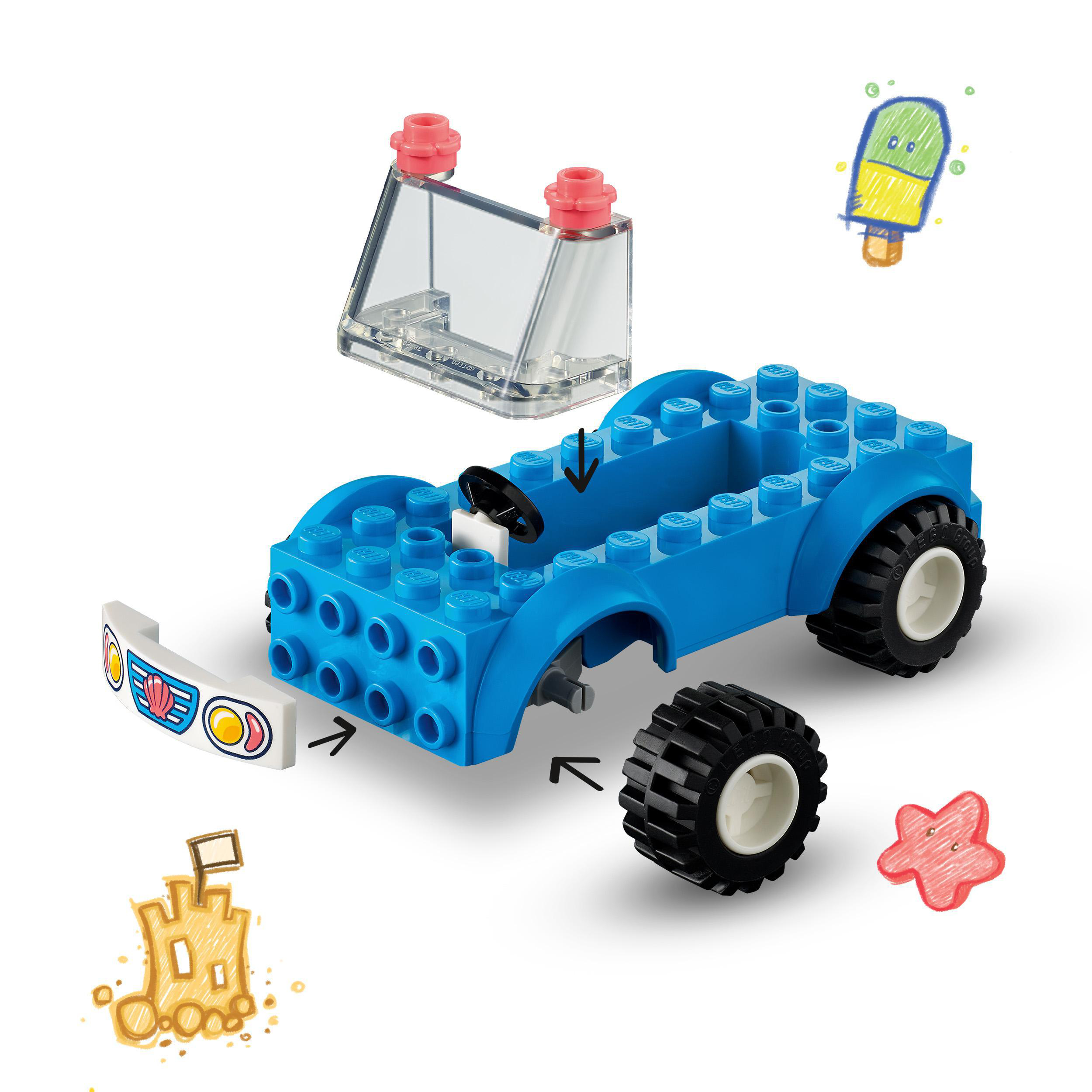 Blaues LEGO-Auto im Bau, mit Rädern, Windschutzscheibe und ein paar Kritzeleien eines Sterns und Eis.