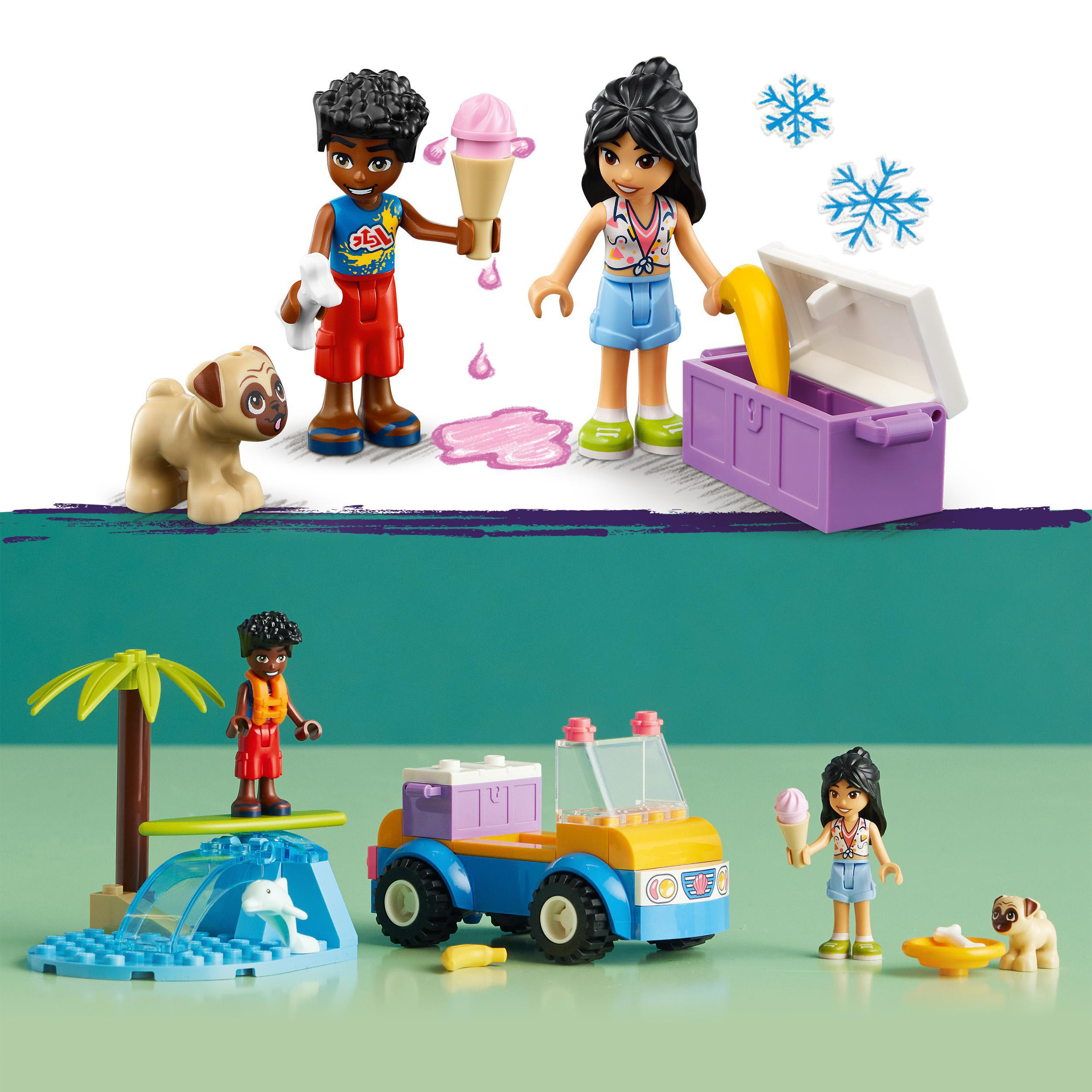 Lego-Figuren mit Eis und einem Auto. Ein Hund ist vorhanden. Der Hintergrund ist weiß und grün.