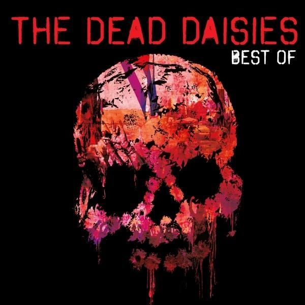 The Dead Daisies Albumcover, Totenkopf aus Blumen, rot und rosa, auf Schwarz.