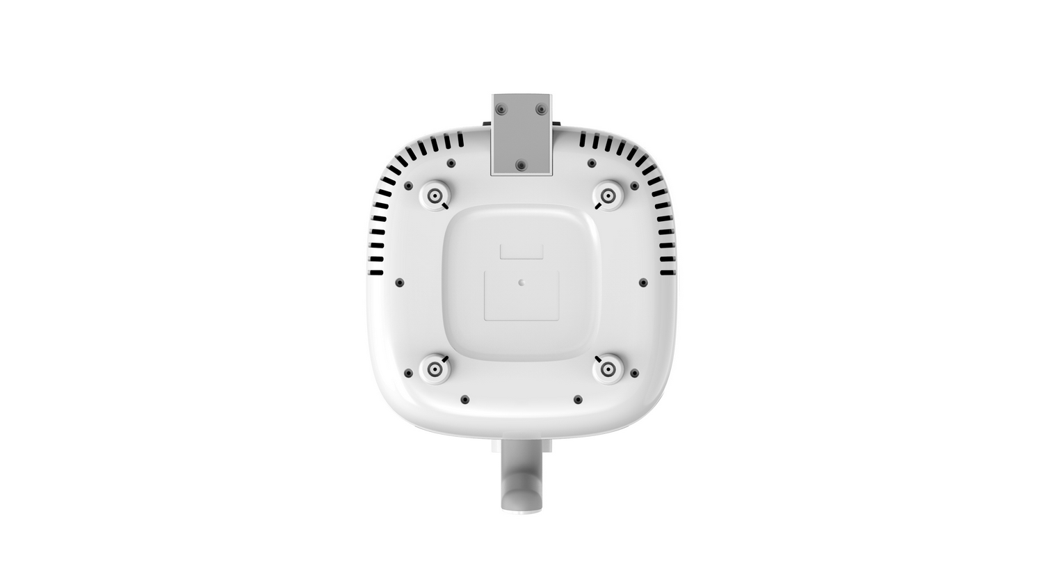 Dispositivo blanco con base cuadrada y accesorio de poste largo.