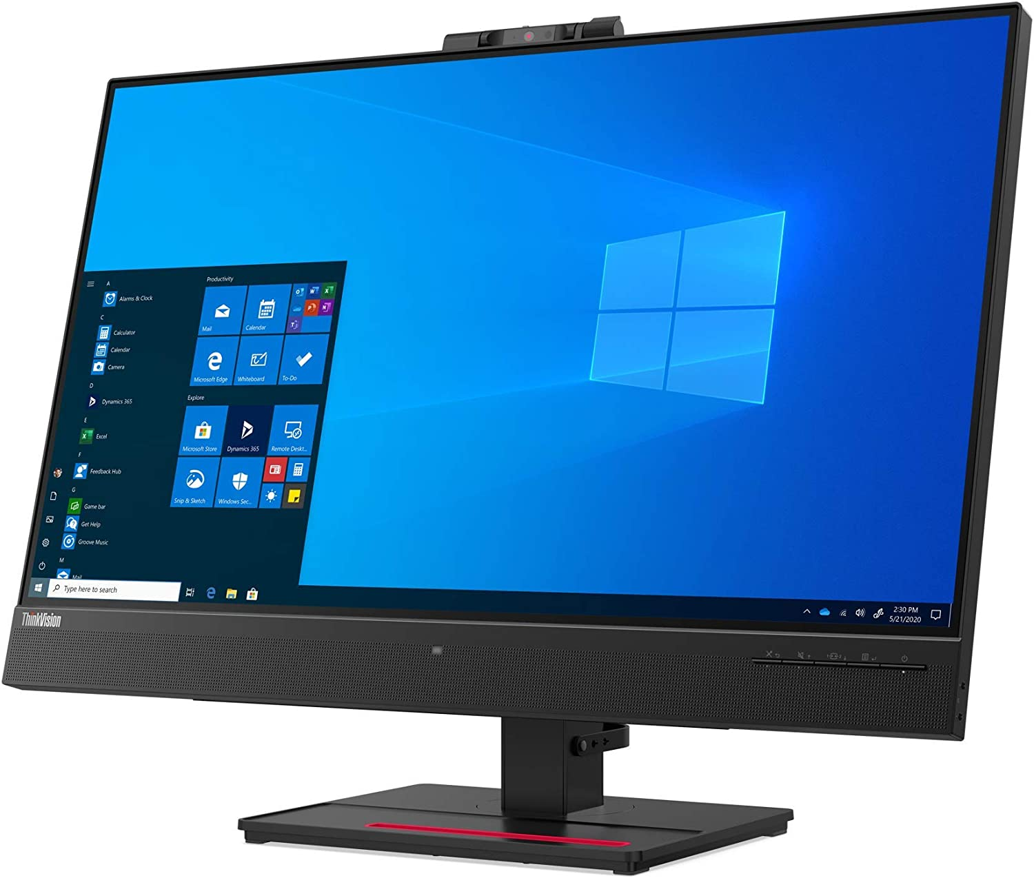 Monitor de ordenador de sobremesa negro con una webcam en la parte superior. Escritorio de Windows en pantalla.