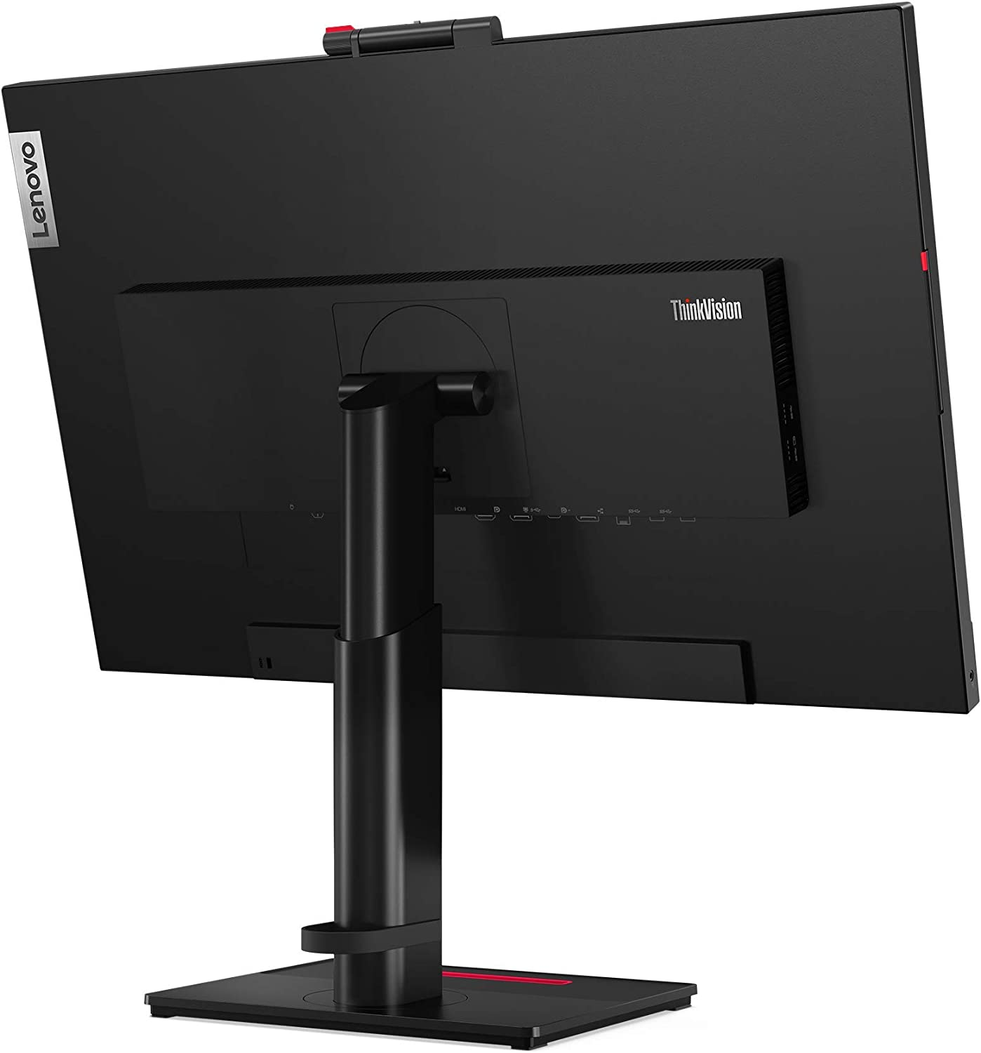 La parte trasera de un monitor de computadora negro con un logotipo de Lenovo y ThinkVision.