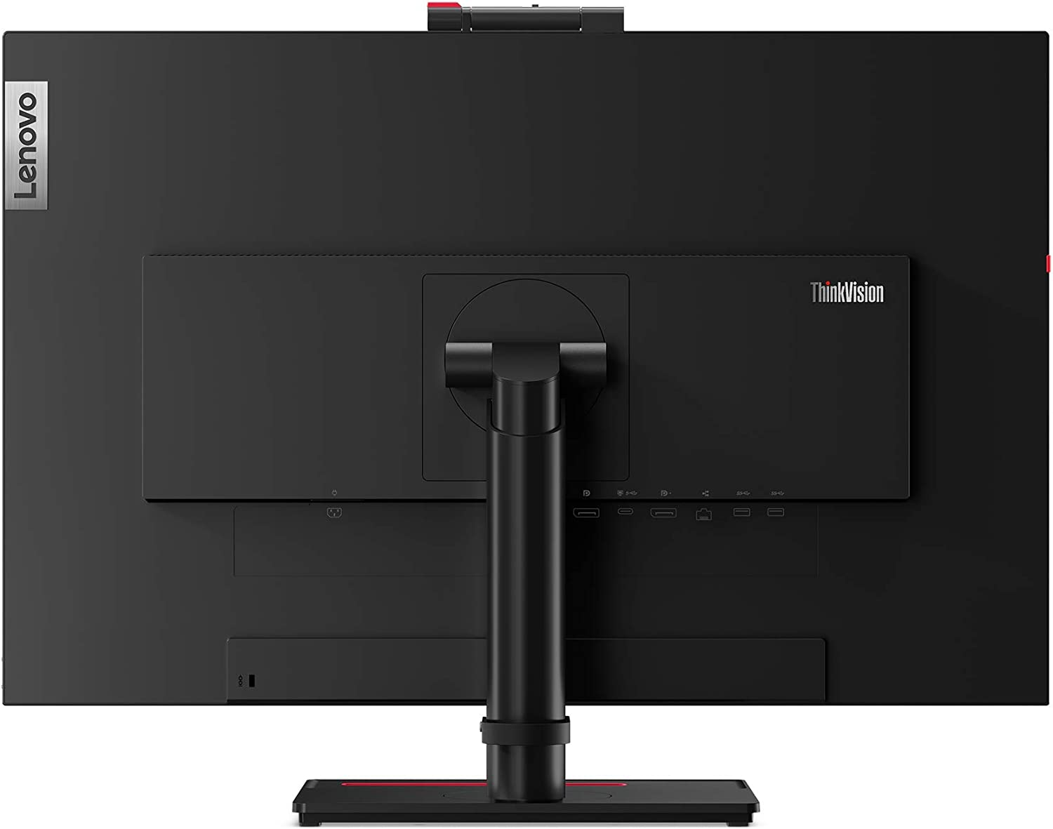 Vista trasera de un monitor Lenovo negro con múltiples puertos, una cámara web y un soporte negro.