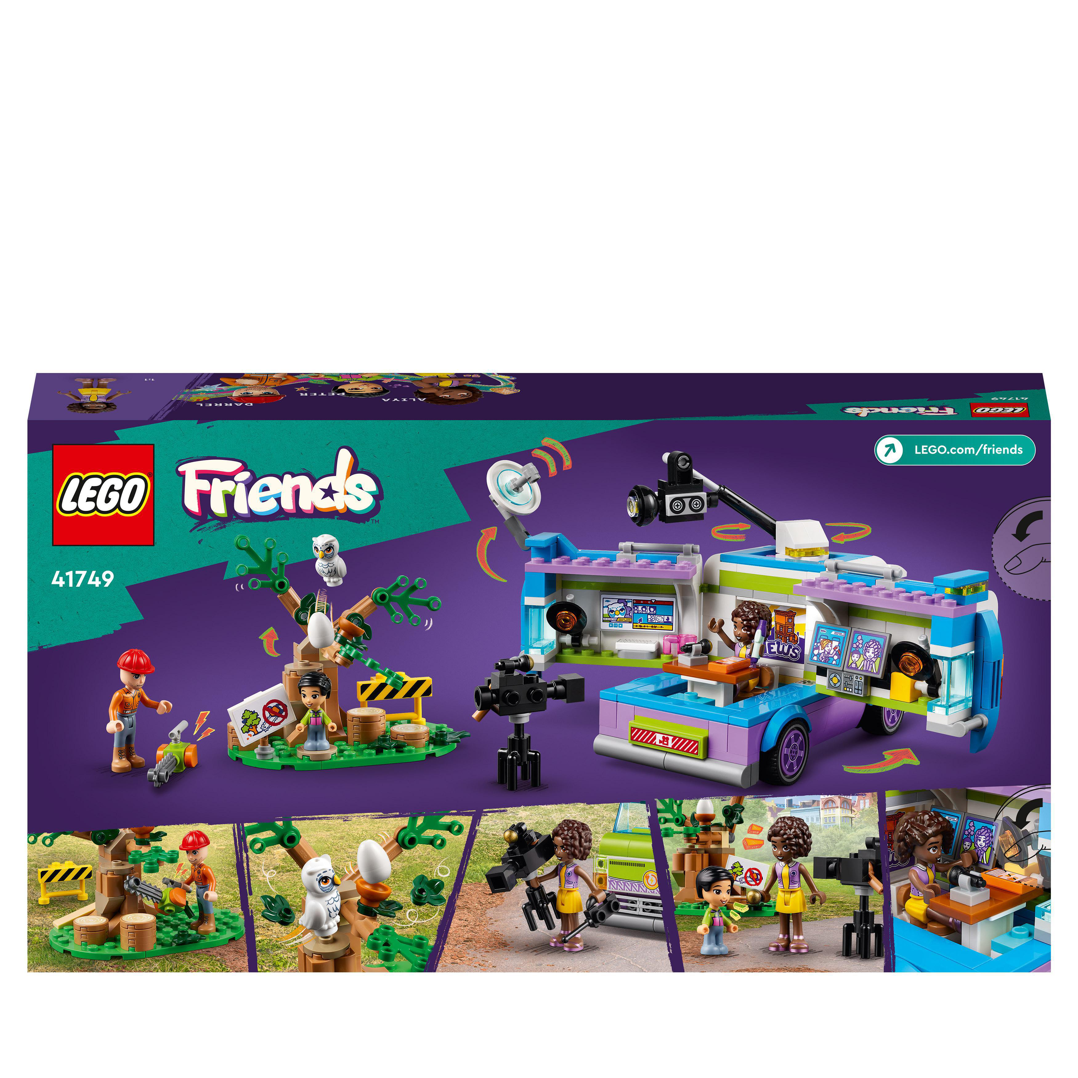 Eine Lego Friends Setbox, die einen Nachrichtenwagen, Minifiguren und eine Baum-Szene zeigt.