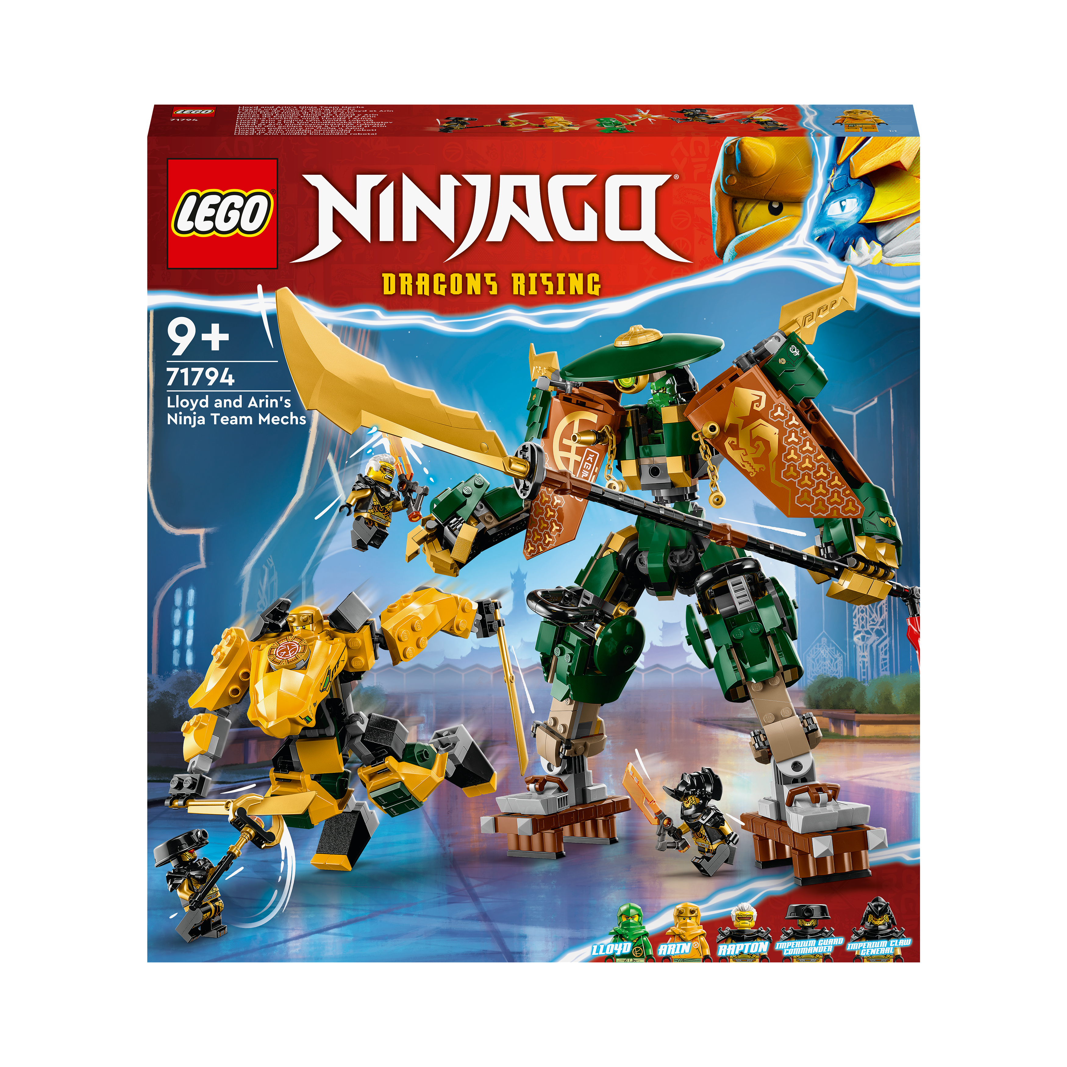 LEGO Ninjago Set-Box mit Figuren und Bauanleitungen.