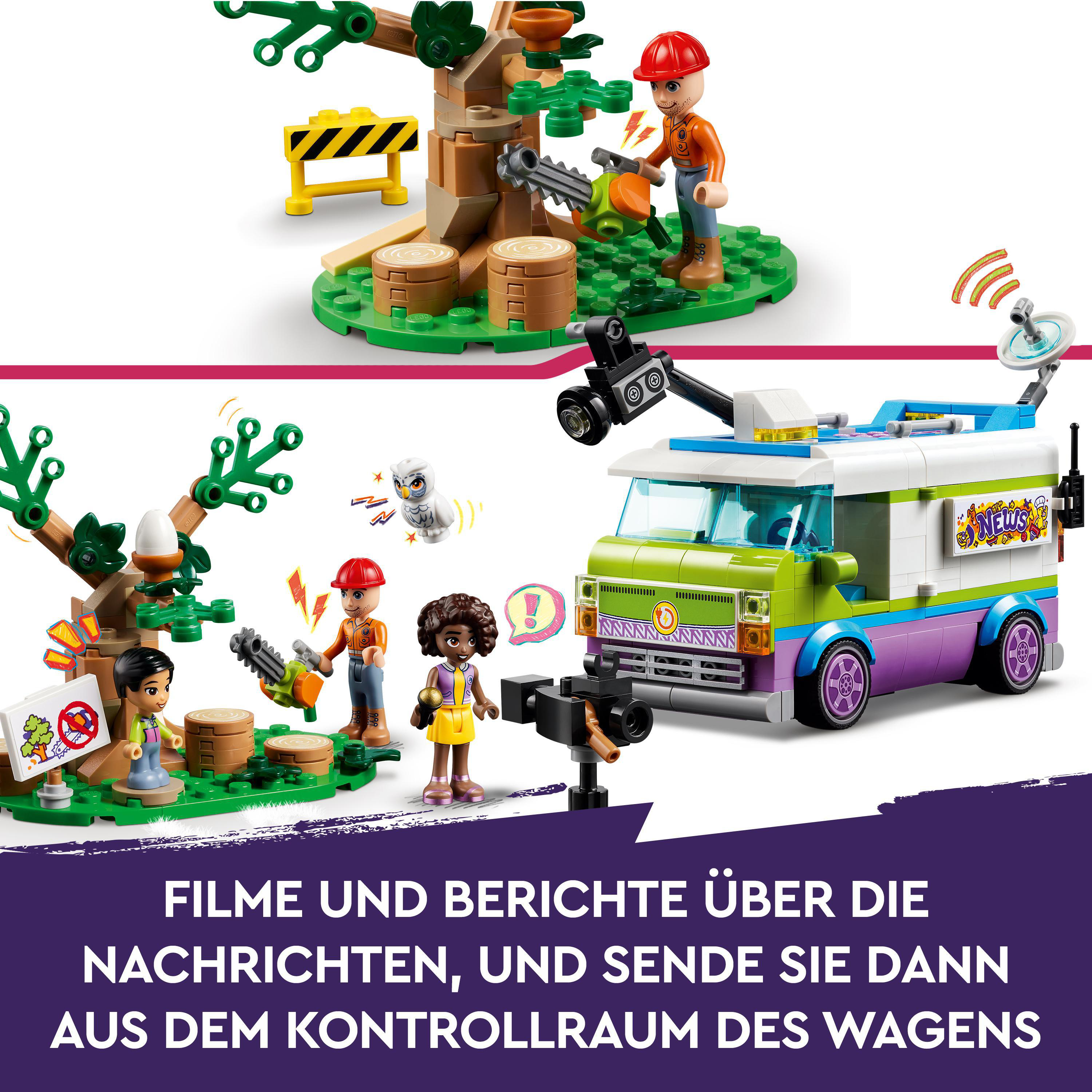 LEGO Friends Set mit Figuren, einem Nachrichtenwagen und einem Baum mit Kettensäge, mit Text.