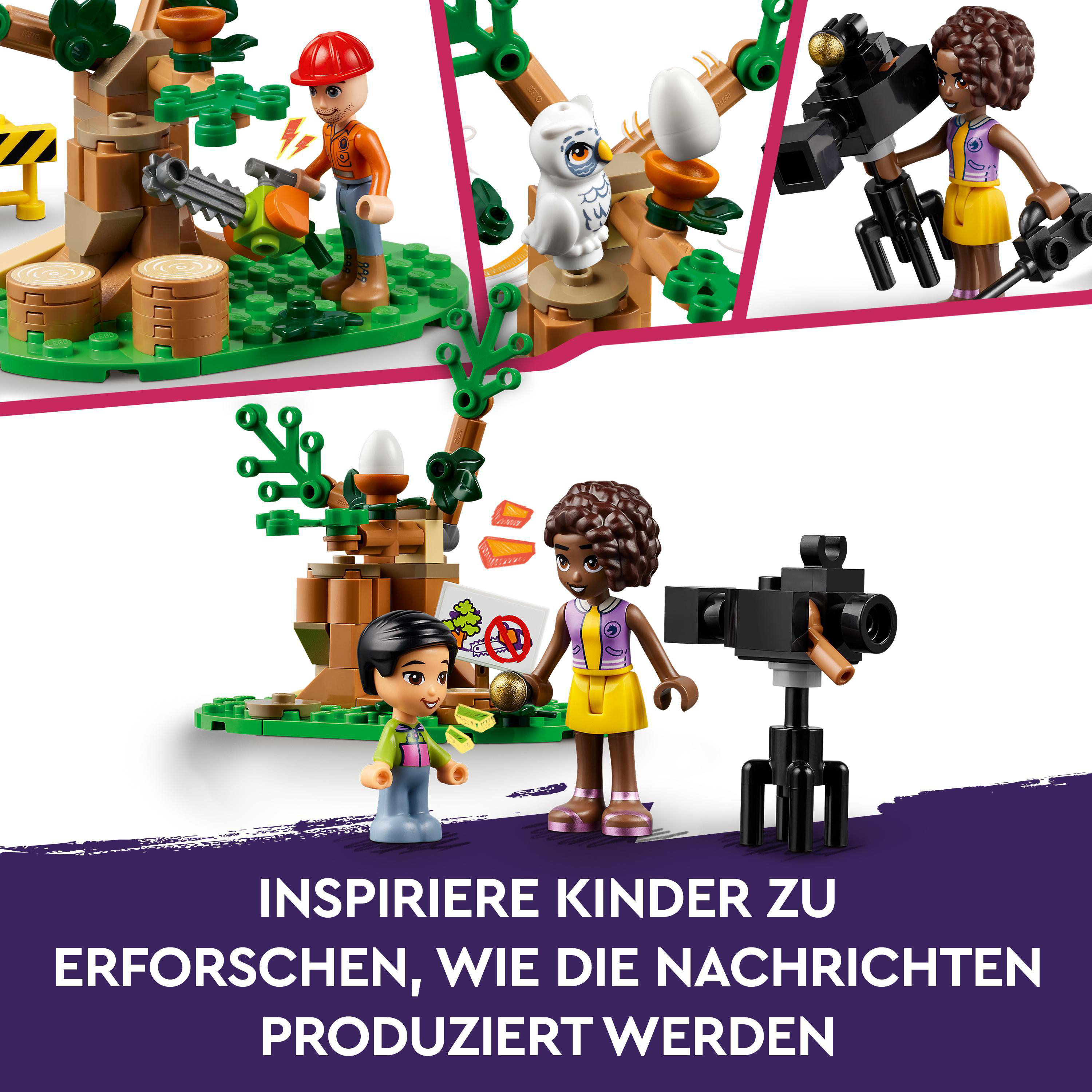 Lego-Set mit Figuren, Text: Kinder dazu inspirieren, wie Nachrichten produziert werden.