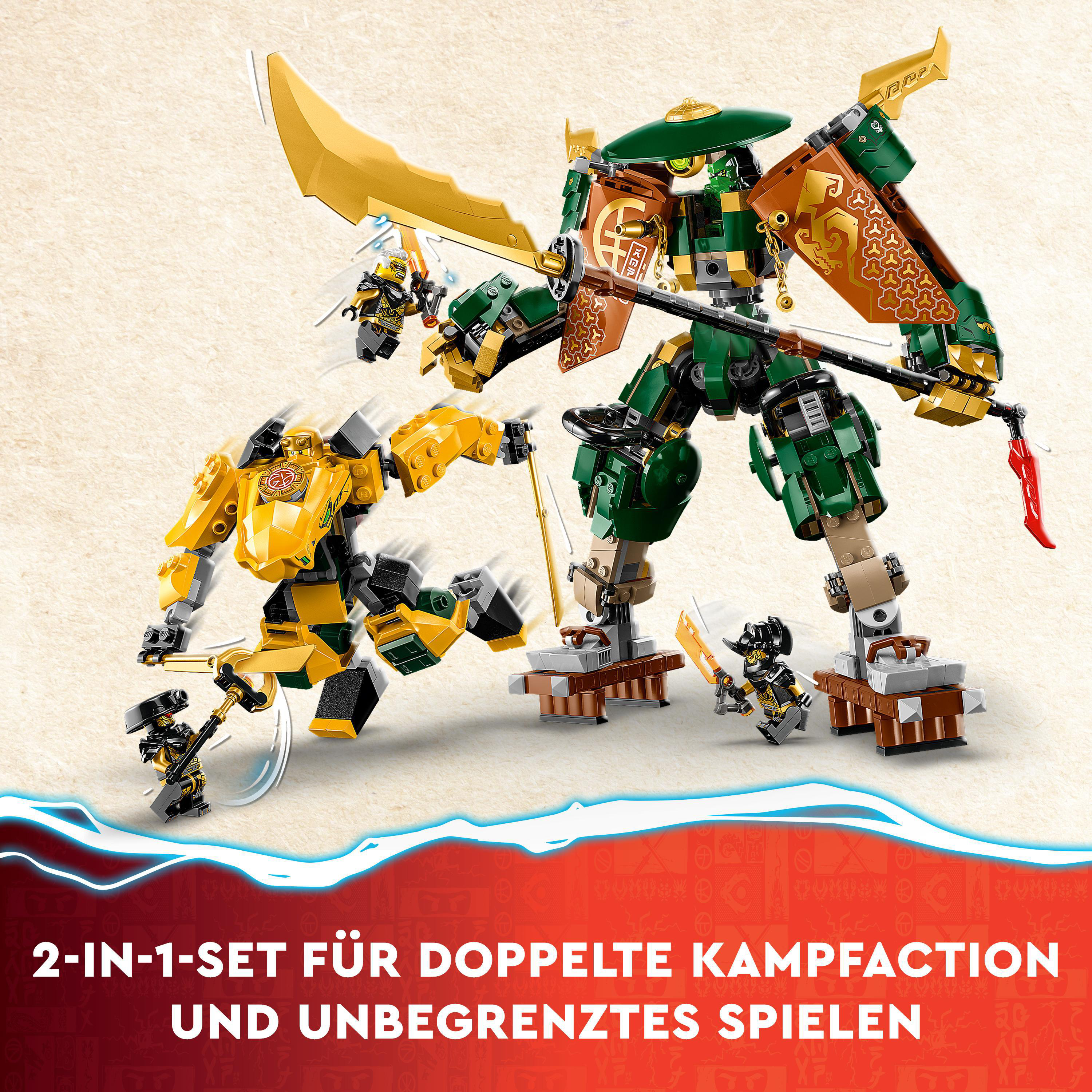 LEGO Ninjago Set mit zwei Roboterfiguren, die kämpfen, mit Minifiguren. Grün, Gold und Schwarz.