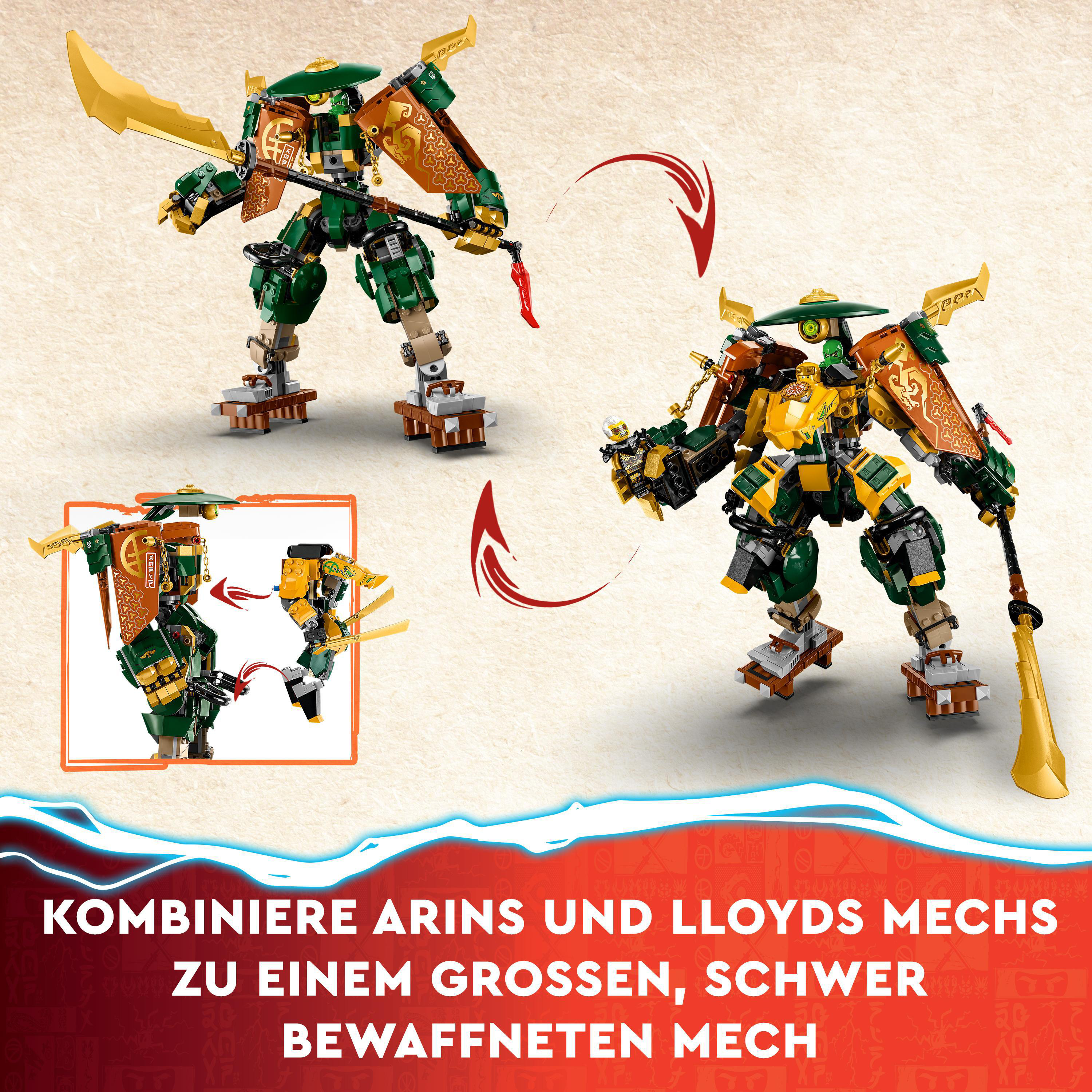 Lego-Roboter. Einer wird aus zwei anderen Robotern zusammengesetzt.