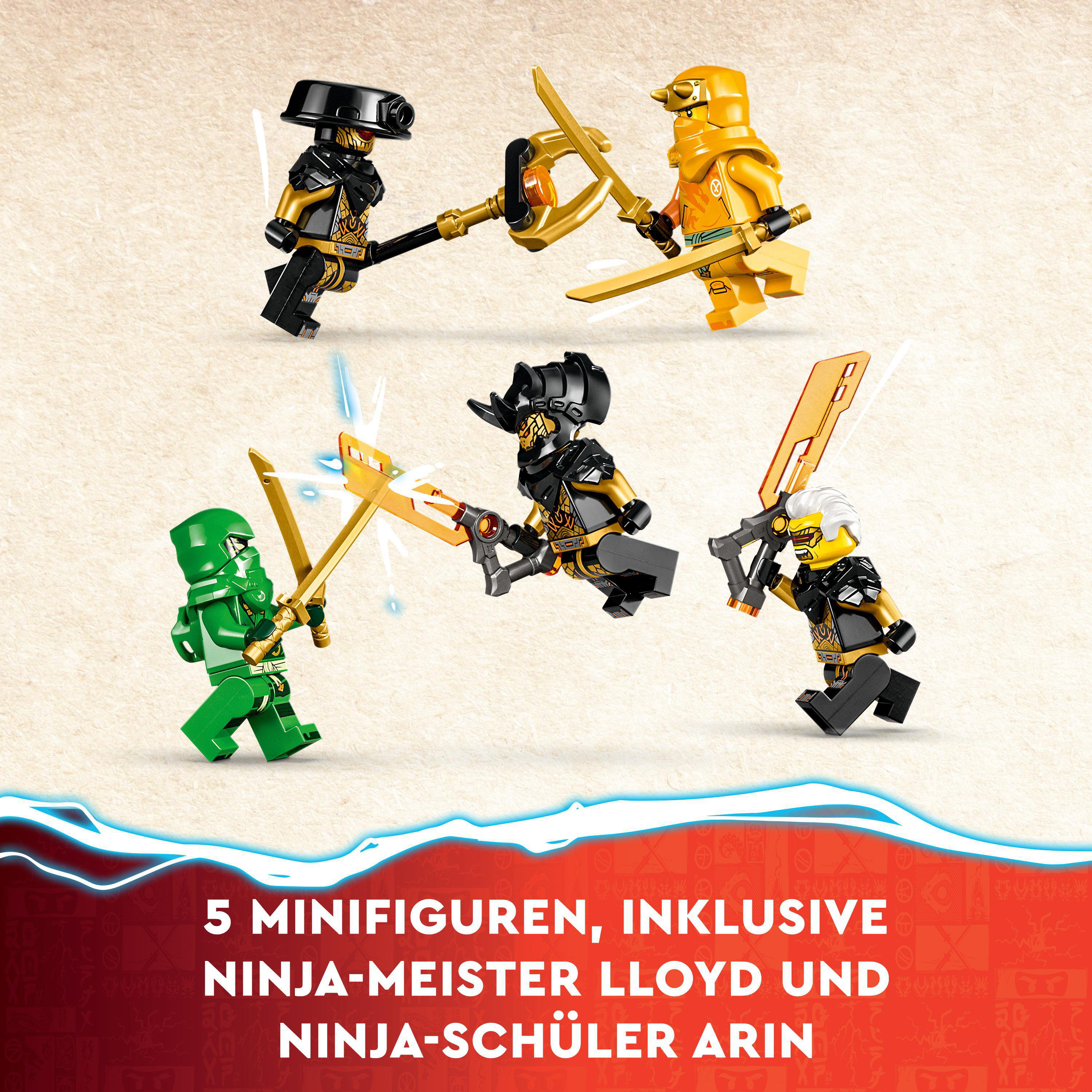 LEGO Ninjago Minifiguren in Actionposen, verschiedene Farben und Schwerter.