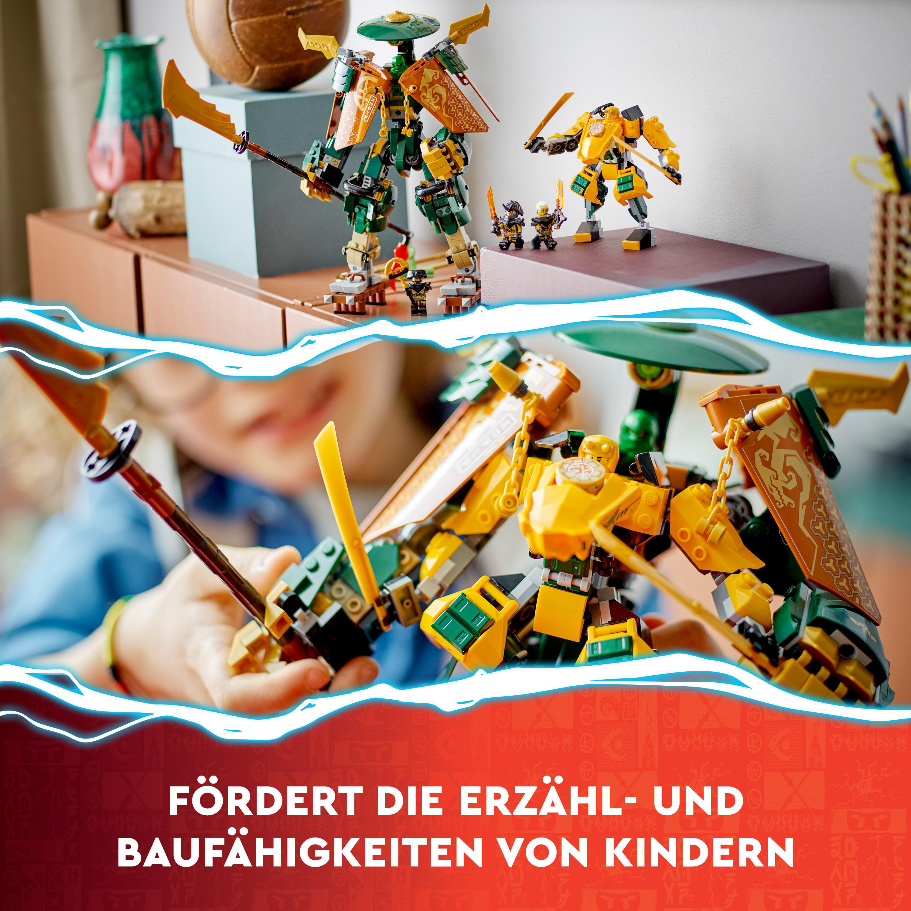 Kinder spielen mit Lego Ninjago Sets, die verschiedene Modelle mit detaillierten Designs zeigen.