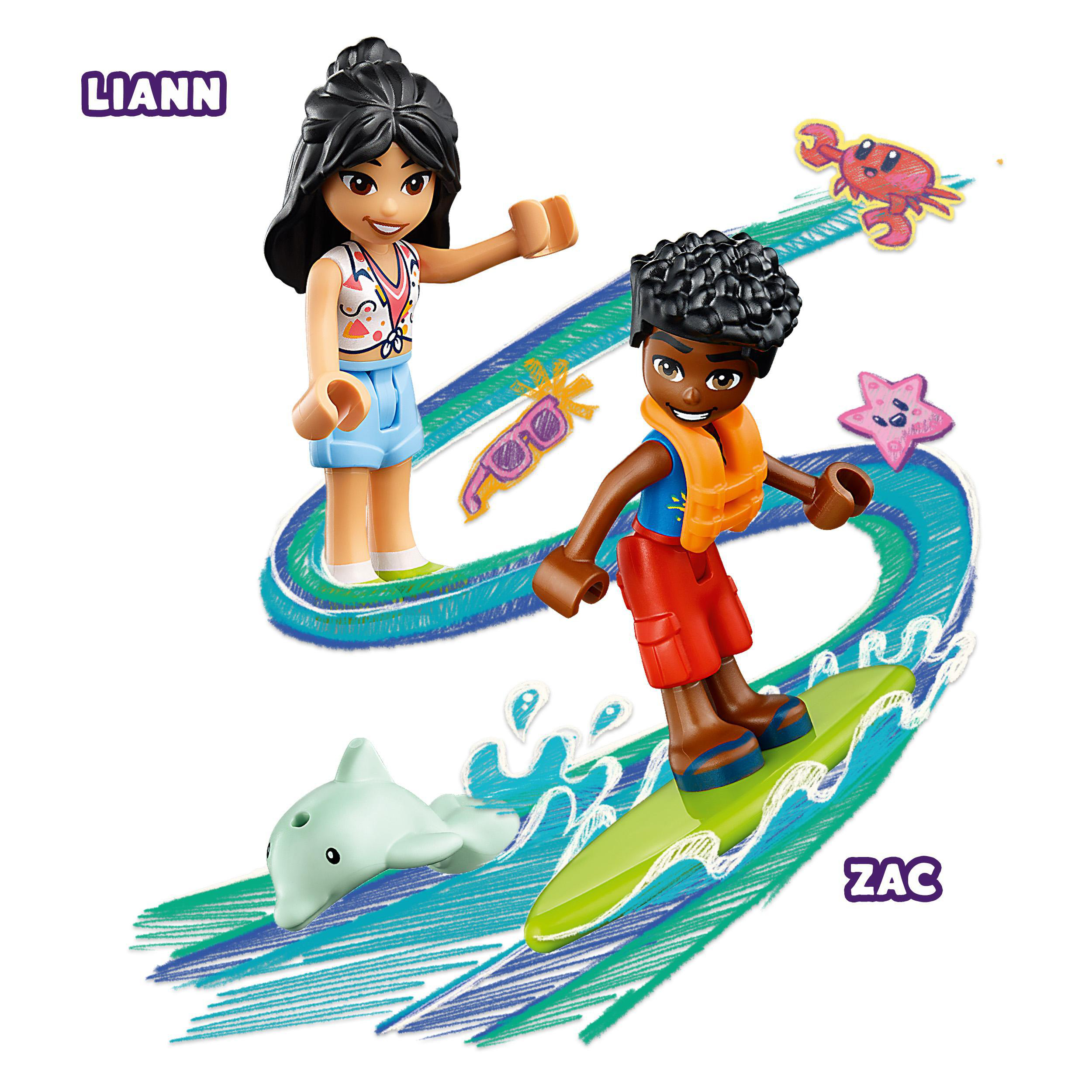 Lego Friends Figuren von zwei surfenden Personen. Einer auf einem Surfbrett, der andere steht. Cartoon-Stil.