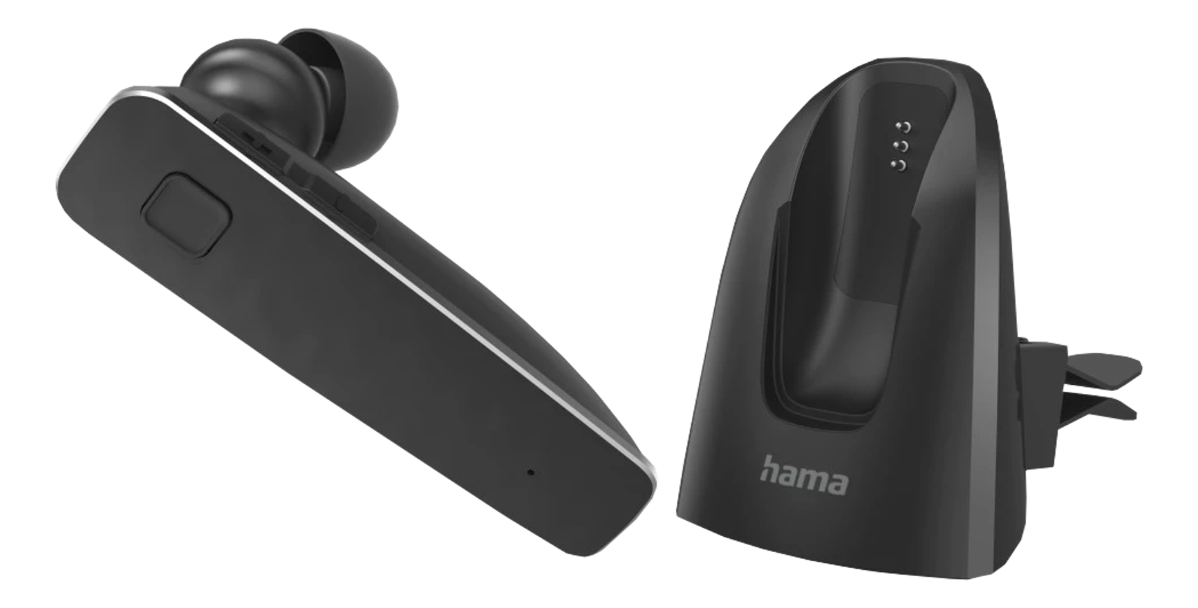 Un casque Bluetooth noir avec une base de chargement.