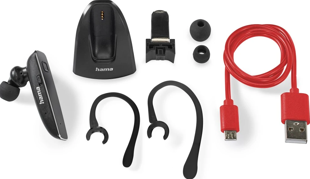 Casque Bluetooth Hama noir avec socle de charge, crochets d'oreille et câble USB rouge.