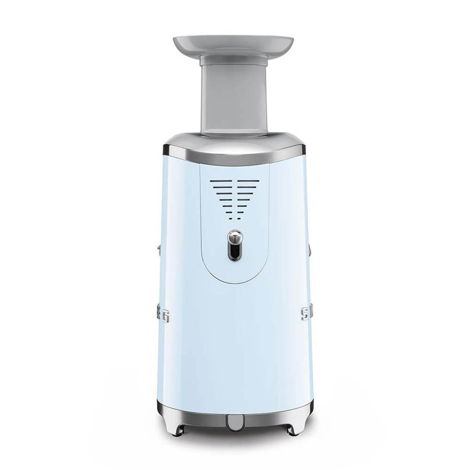 Una centrifuga Smeg azzurra con la parte superiore e la base argentate.