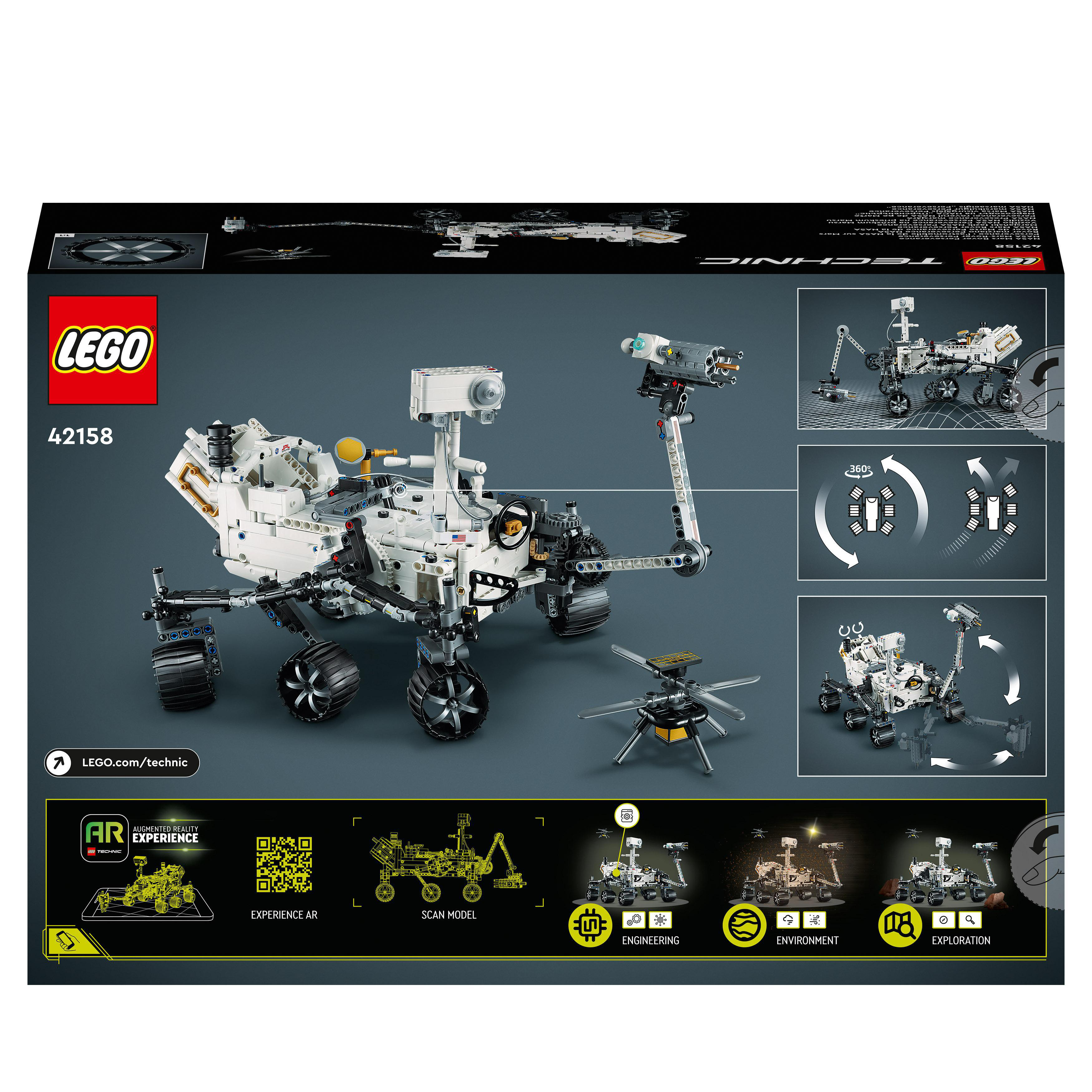 Rückseite einer Lego Technic Box mit Mars-Rover-Modell und Diagrammen für AR-Erfahrung und Funktionen.