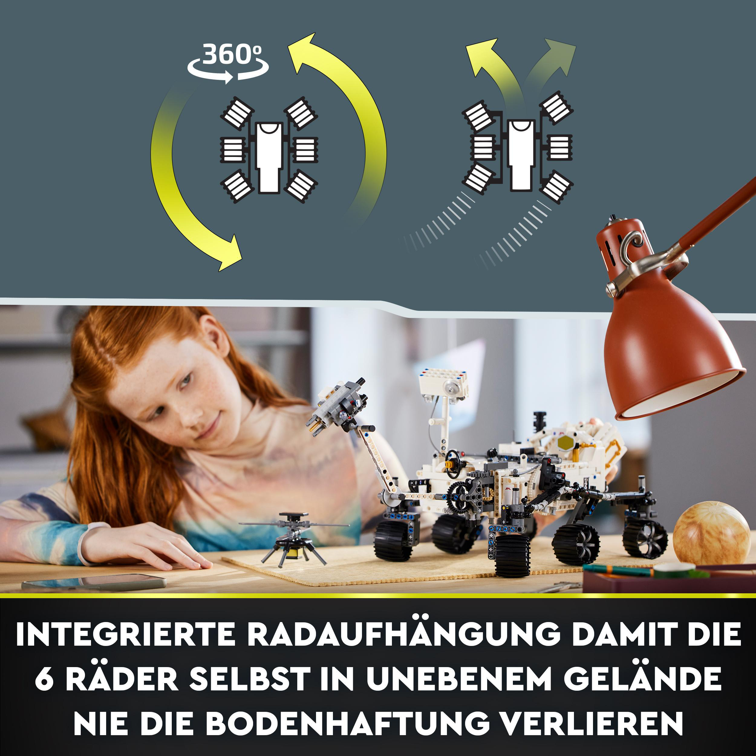Lego-Set mit Rover und Mädchen, das es ansieht. Text über Federung.