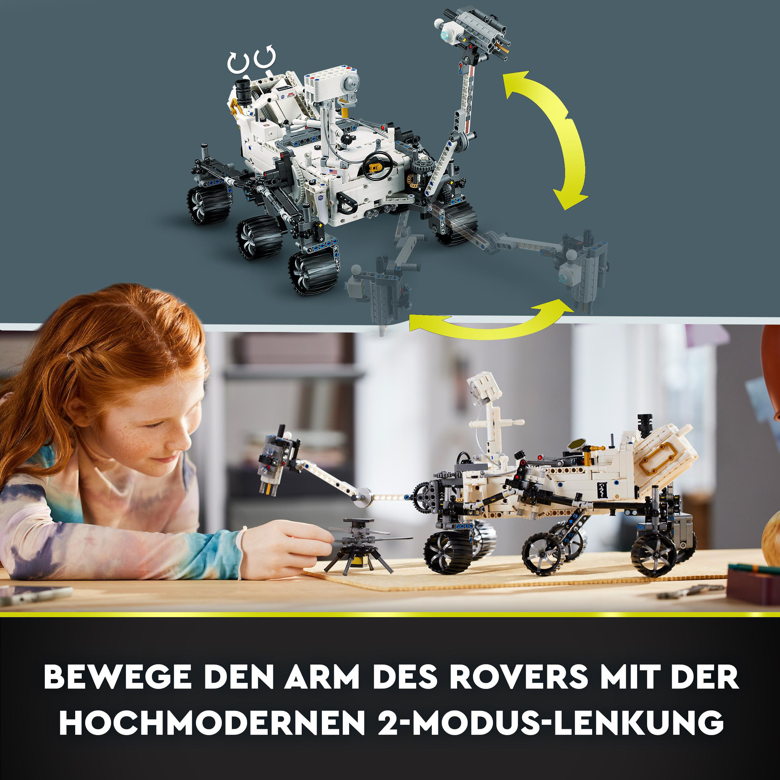 Ein Kind spielt mit einem Lego-Set eines Mars-Rovers. Das Set enthält ein detailliertes Rover-Modell.