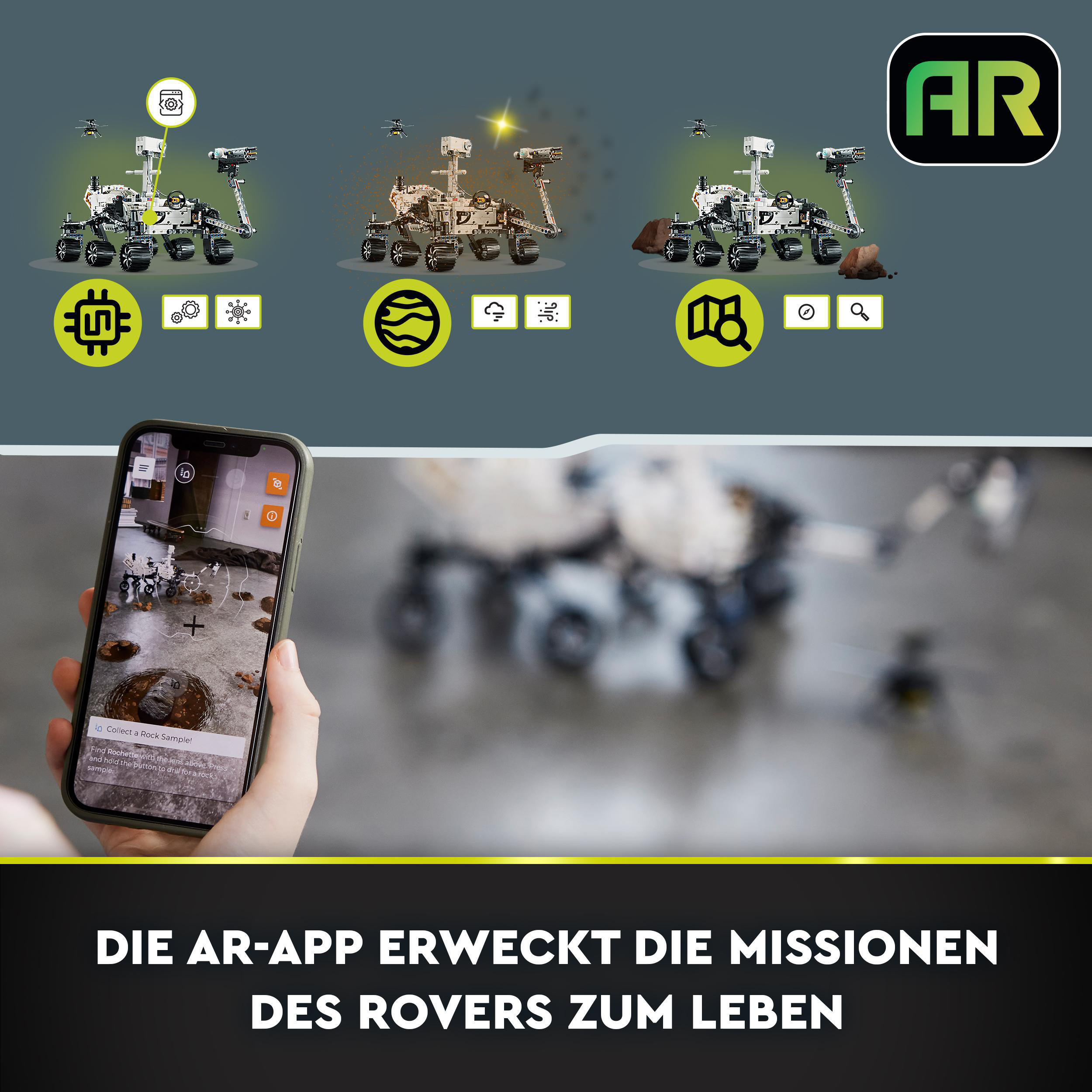 Eine Person verwendet ein Smartphone, um mit einem Lego Mars Rover Modell in Augmented Reality zu interagieren.