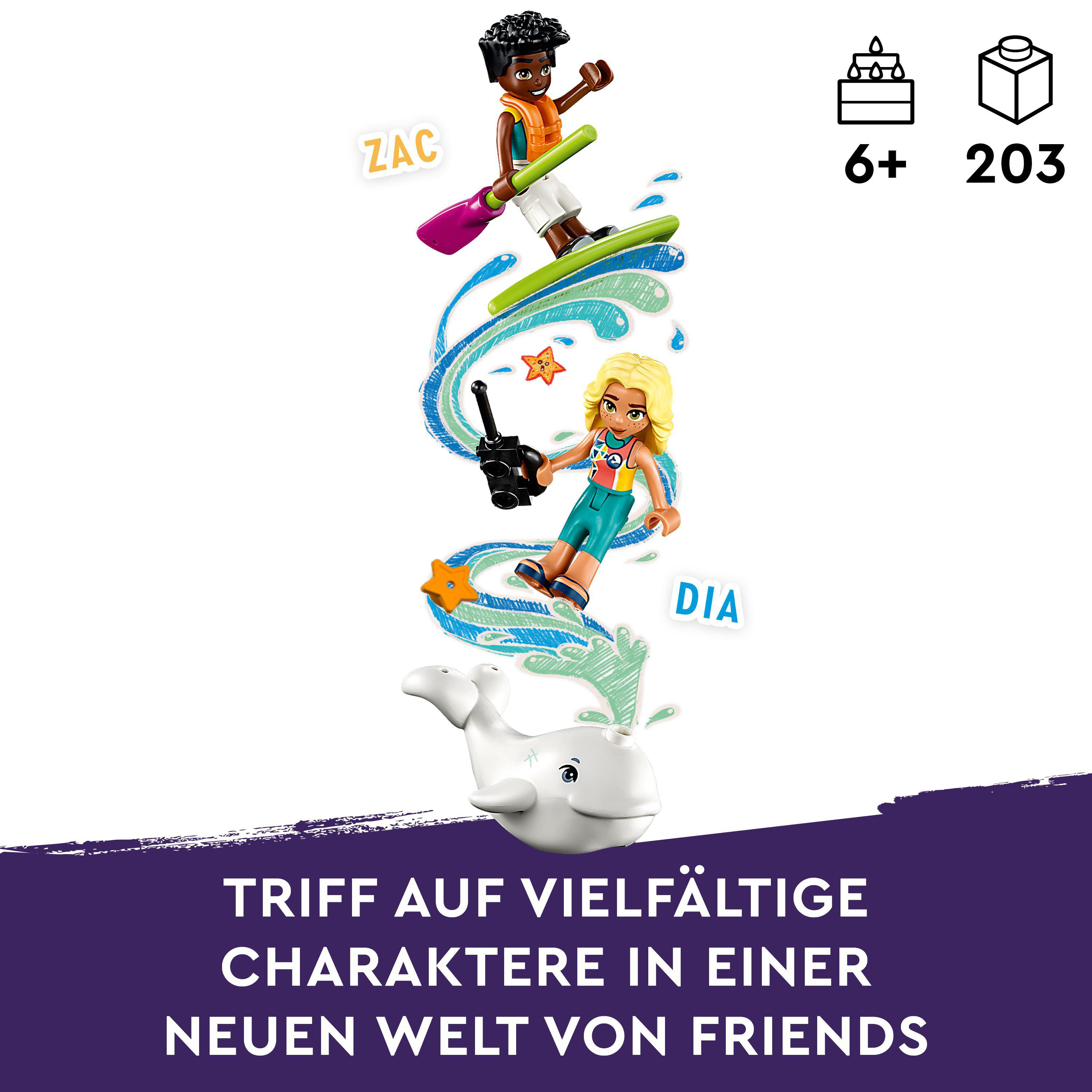 Lego Friends Set mit Figuren, einschließlich Zac, Dia und einem weißen Wal, auf Weiß.