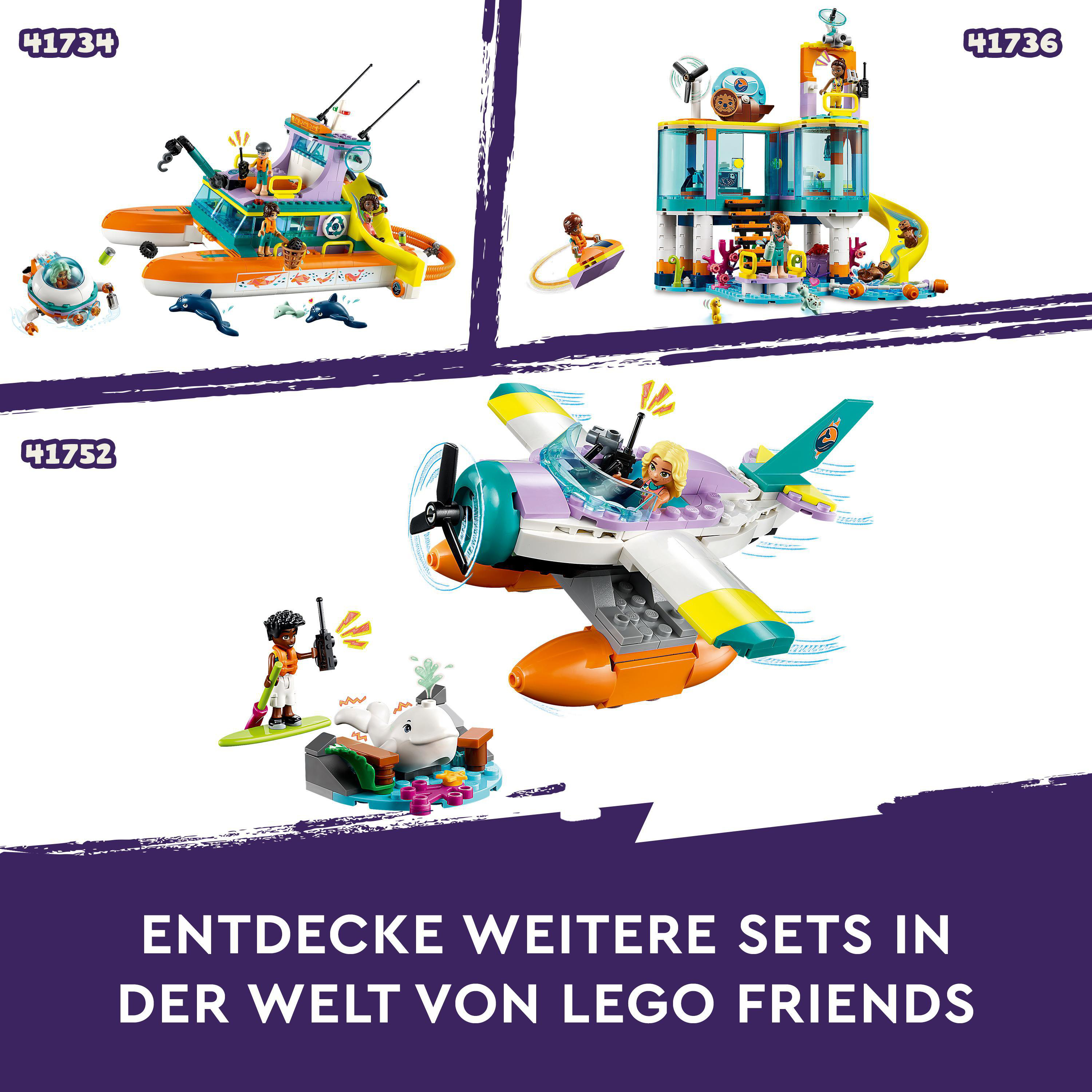Drei Lego Friends Sets: Boot, Gebäude mit Rutsche und Flugzeug. Text: Entdecke weitere Sets.