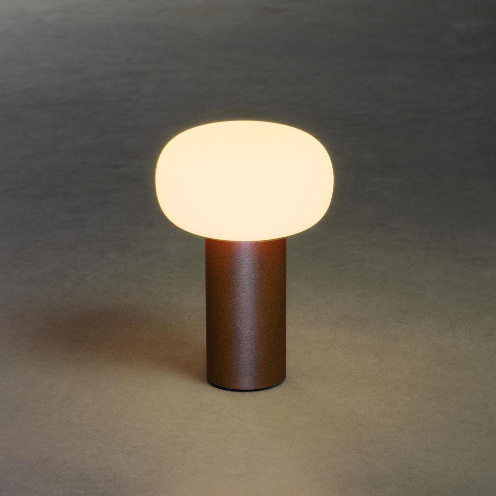Eine moderne Lampe mit braunem Sockel und einem weißen, oval geformten Licht.