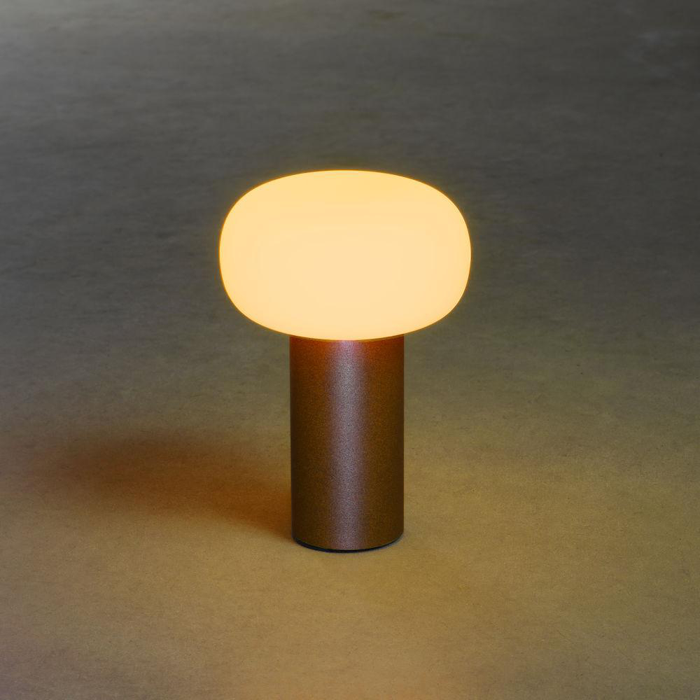 Eine moderne Tischlampe mit ovalem Lampenschirm auf rundem Sockel.