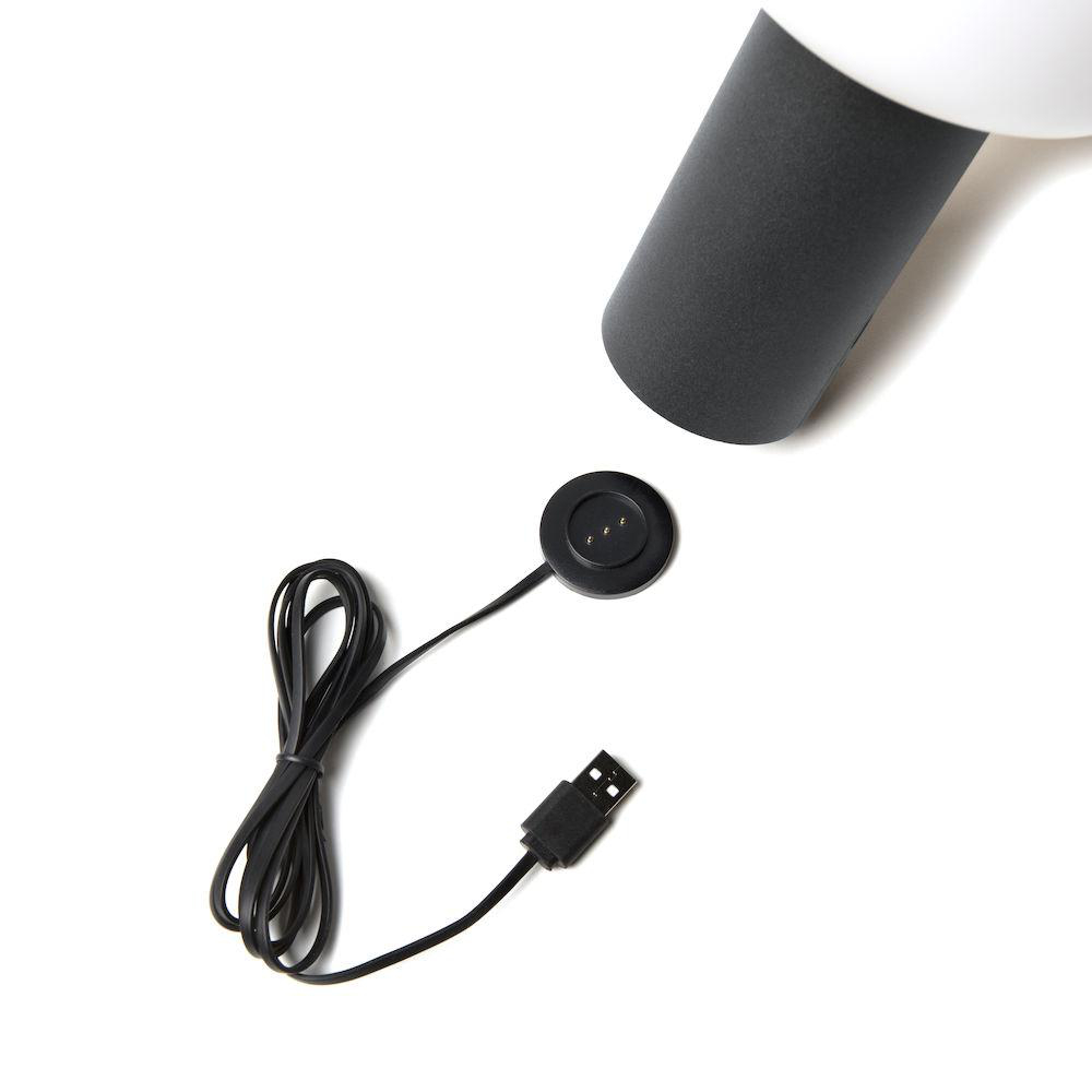 Schwarze Ladestation mit schwarzem Kabel und USB-Stecker.