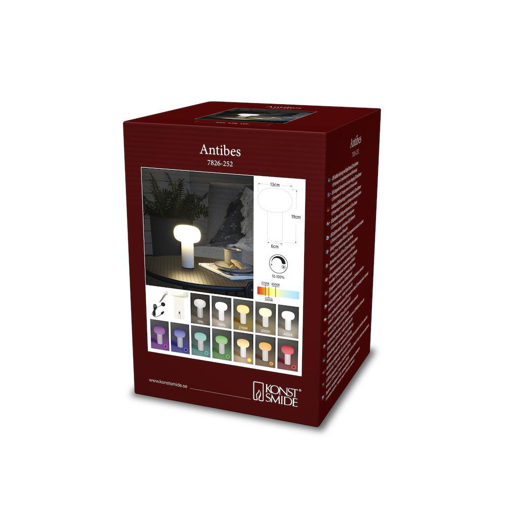 Rote und weiße Box, die eine Tischlampe, Spezifikationen und Farboptionen zeigt.
