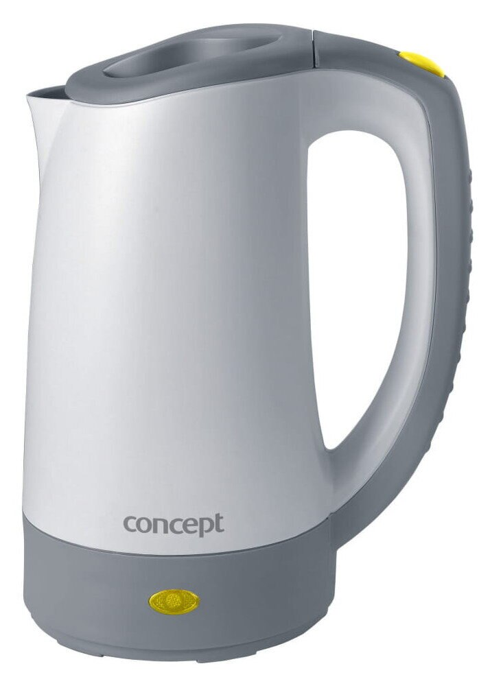 Biało-szary czajnik elektryczny. Czajnik ma uchwyt, wylewkę i podstawę z żółtym przyciskiem i marką 'concept'.