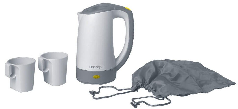 Biały czajnik elektryczny z szarymi akcentami, dwa białe kubki i szara torba ze sznurkiem na białym tle.