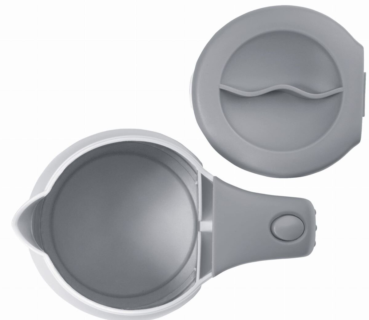 Widok z góry na szary i biały czajnik. Pokrywa jest zdjęta, widać wnętrze. Widoczny uchwyt i przycisk.