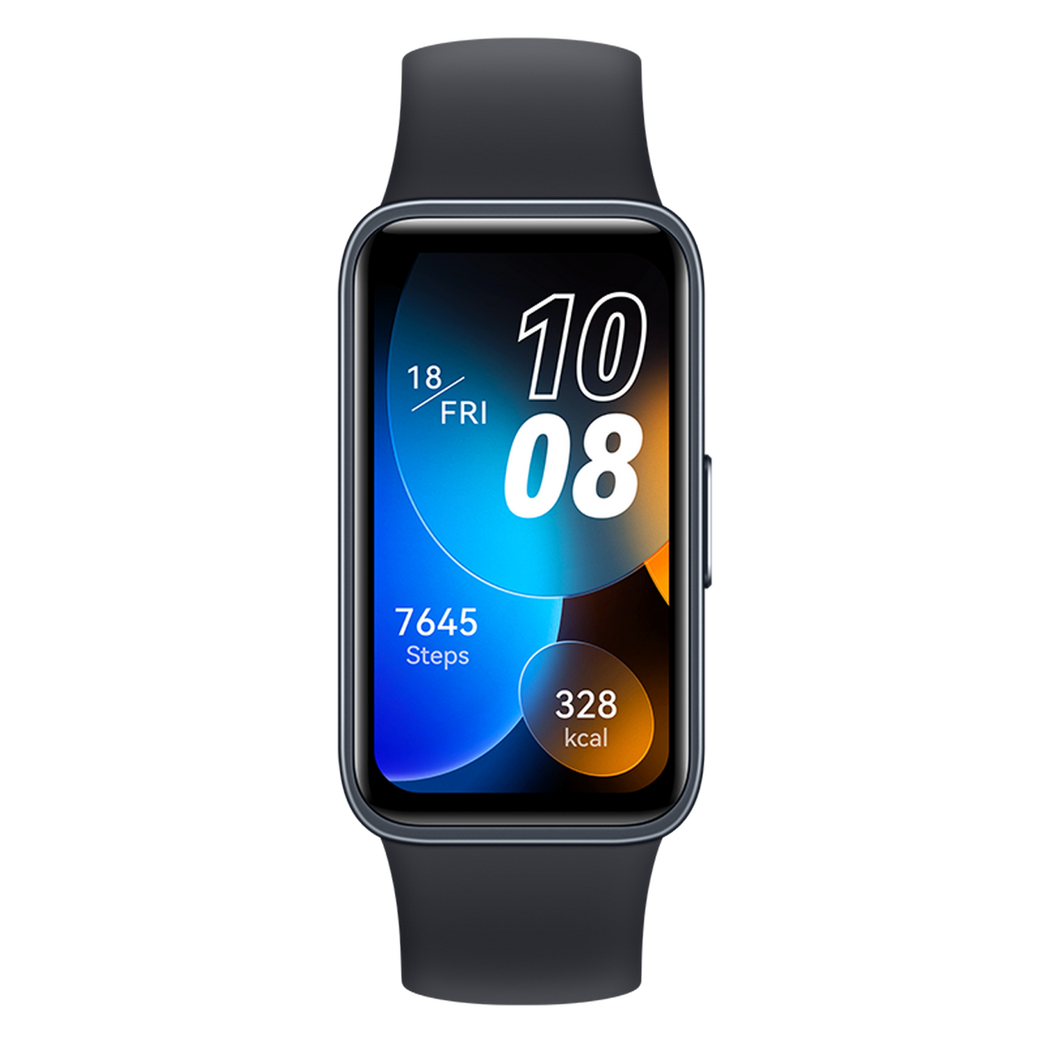 Zwarte smartwatch. Display toont datum, tijd, stappen en calorieën.