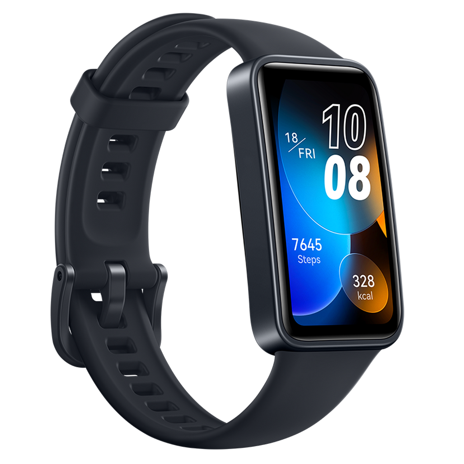 Smartwatch met tijd, datum, stappen en calorieën, met donkere band.