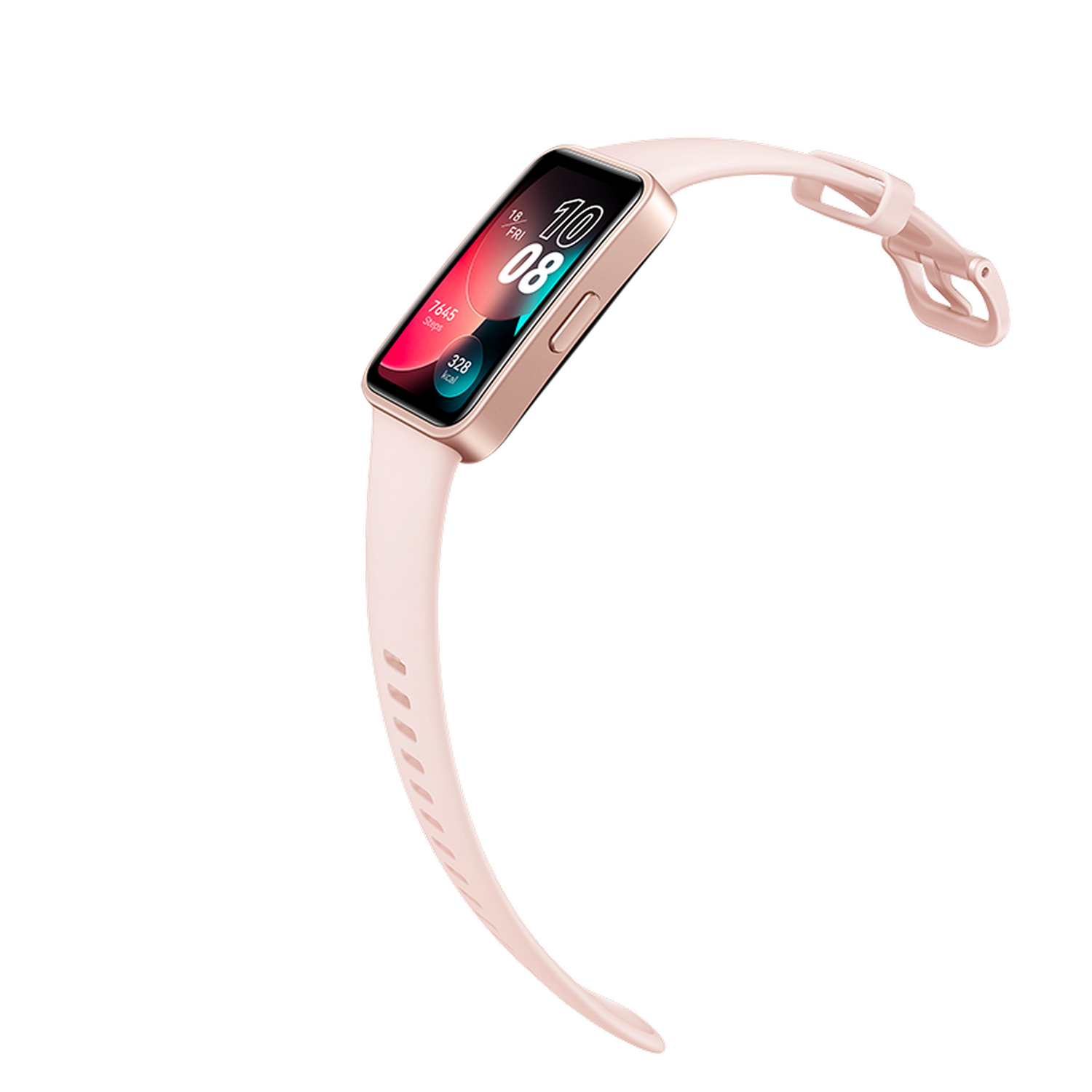 Roze smartwatch met roze band. Het scherm toont de tijd en gegevens.