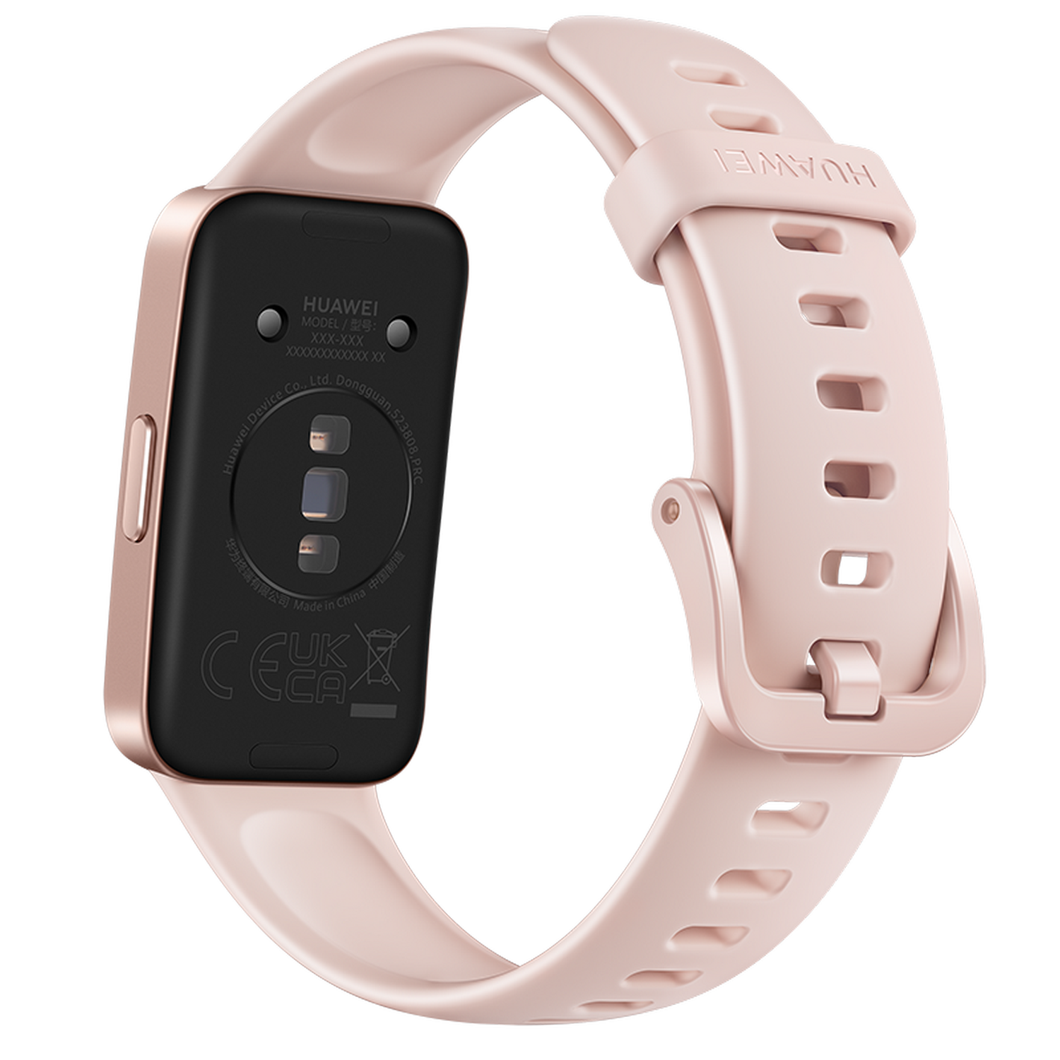Roze smartwatch met roze bandje, de achterkant tonend, op een zwarte achtergrond.