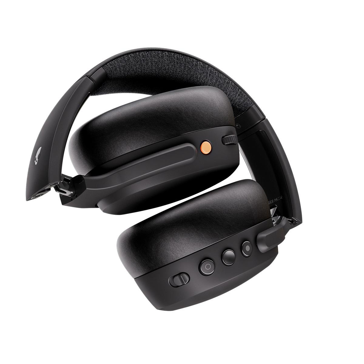 Ein schwarzes, faltbares, kabelloses Headset auf weißem Hintergrund.