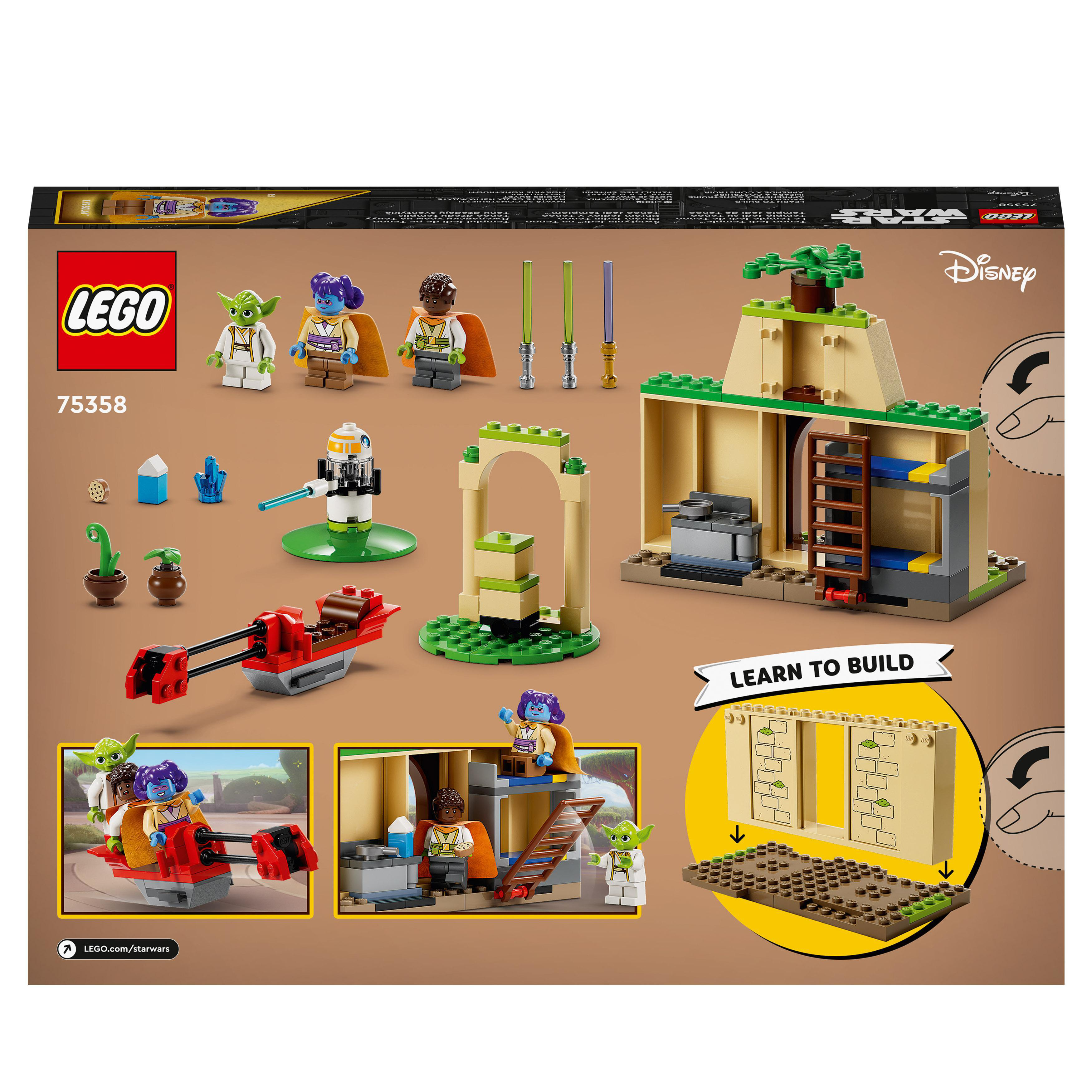 LEGO Star Wars-Setbox. Enthält Figuren, Speeder und Gebäudestrukturen. Yoda, andere Charaktere und Anweisungen sichtbar.